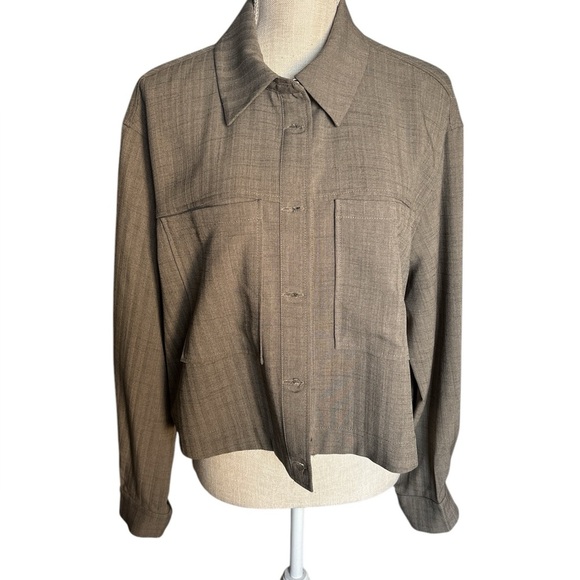 Adrianna Papell Utility Jacket Fade Olive Ivory Shadow Stripe Size Large EUC - Picture 2 of 7